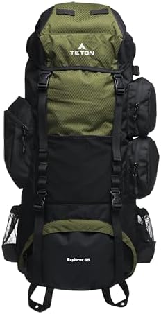Teton 65L Explorer Internal Frame Backpack for Hiking, Camping, Backpacking, Rain Cover Included, Olive